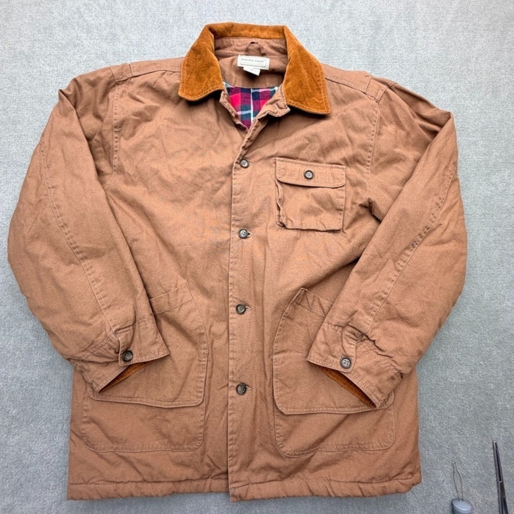 Scandia Woods Work Jacket Mens Lg Brown Canvas Chore Coat Plaid Lined Corduroy